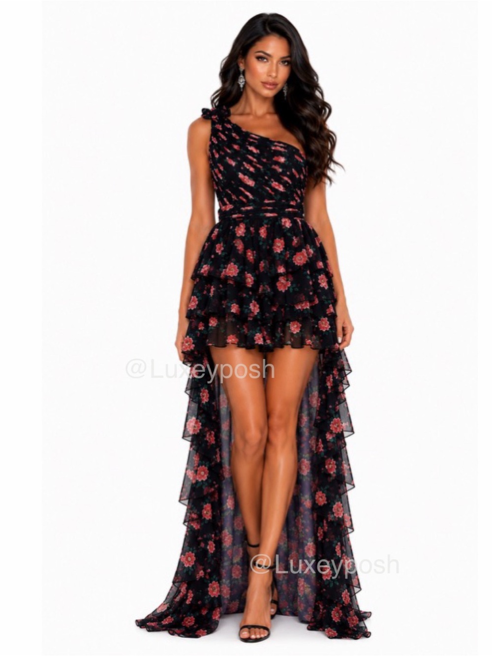 MAC DUGGAL 70246 One Shoulder Ruffled Floral Layered High-Low Dress Size 4 - Picture 3 of 16